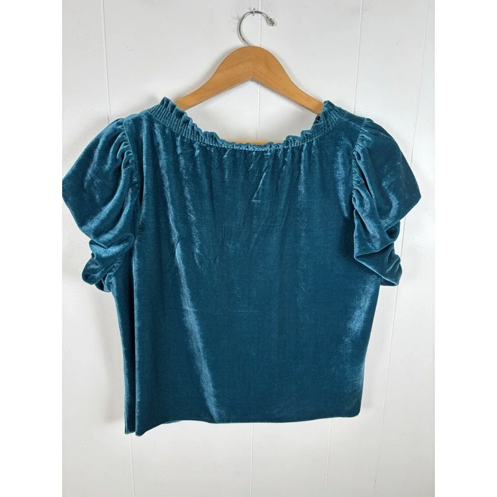 FREE PEOPLE Small Terese Teal Velvet Smocked Peasant Top Front Tie Puff Sleeve